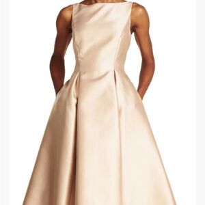 Adrianna Papell Champagne Satin Boatneck Maxi Gown